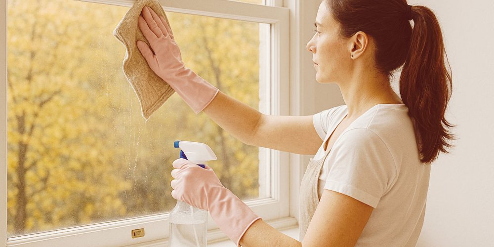 The image shows a young woman wearing a white t-shirt , pink rubber gloves and linen apron cleaning a window using a scrim cloth and white vinegar solution.