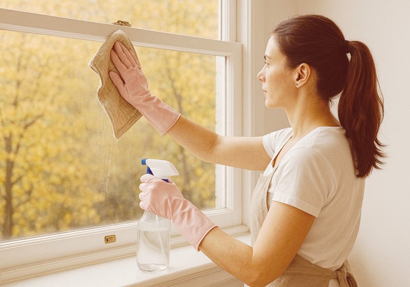 The image shows a young woman wearing a white t-shirt , pink rubber gloves and linen apron cleaning a window using a scrim cloth and white vinegar solution.