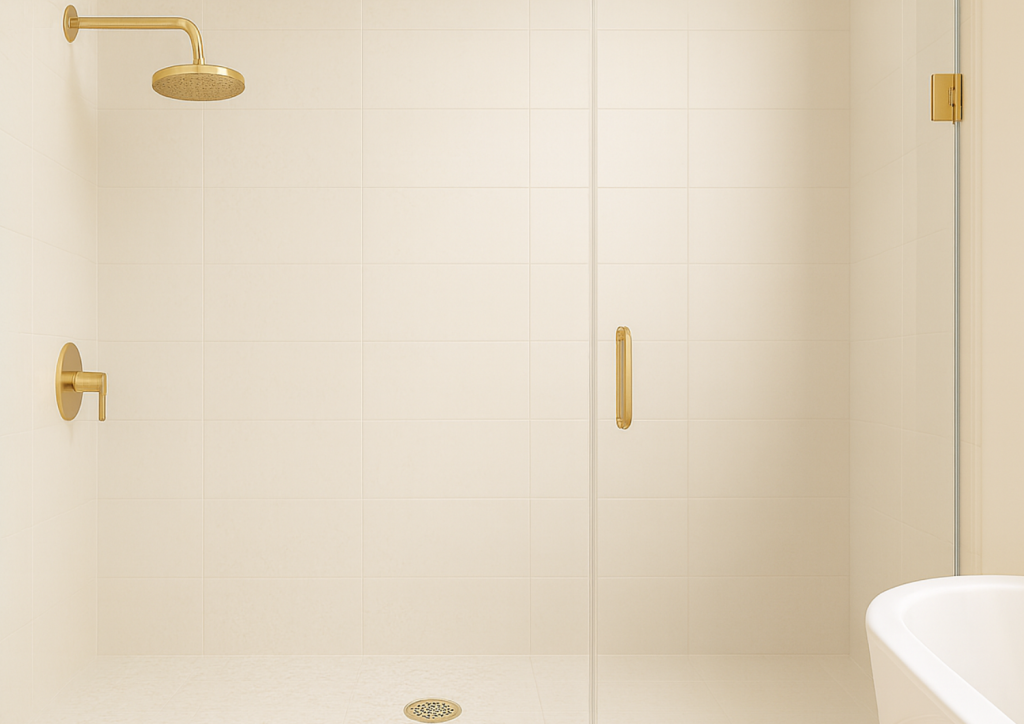 An image of a large shower cubicle with pale rose gold tiles and gold brass fittings. The shower is perfectly clean and ready for new tenants.