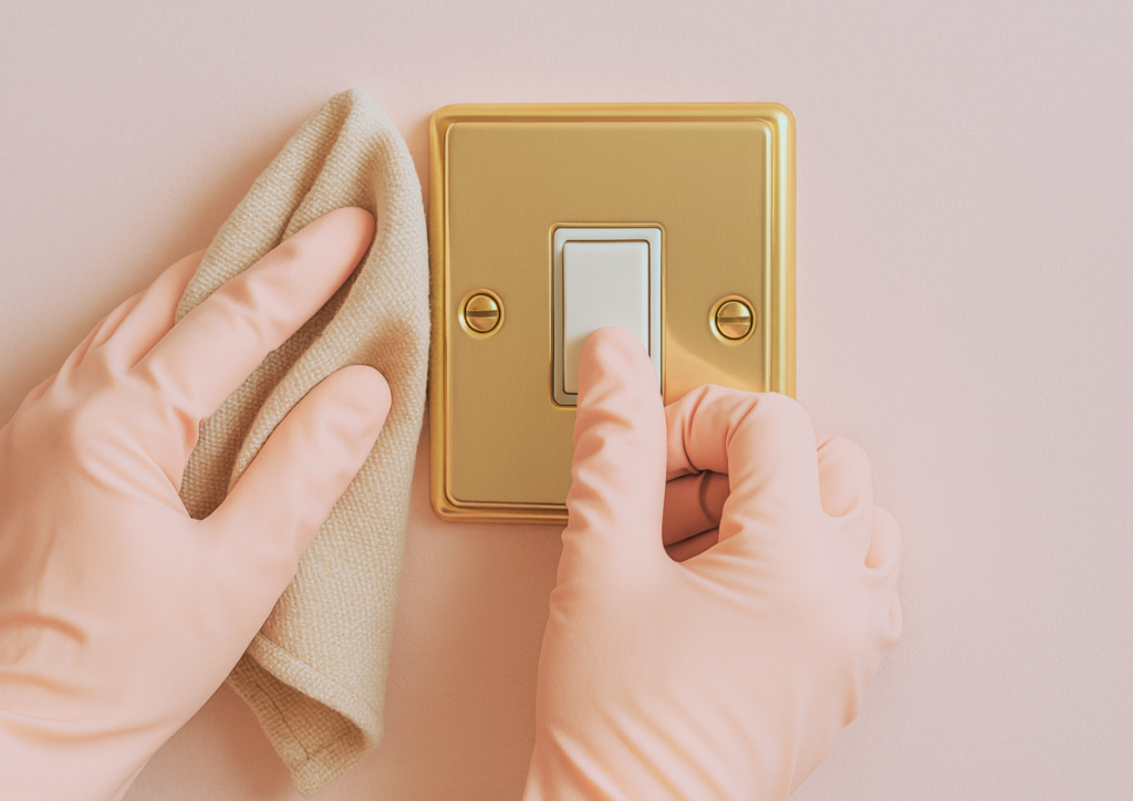 A close up image of a person (unseen), wearing pale pink rubber gloves, cleaning a gold light switch plate.