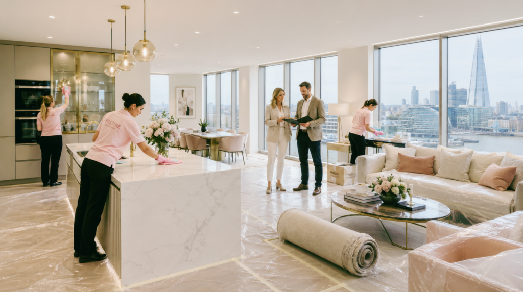 A cleaning team detailing a luxury new-build London apartment while a property developer and stylist discuss the finishing work. Protective polythene covers the floors, with wrapped furniture and a rolled rug awaiting installation.