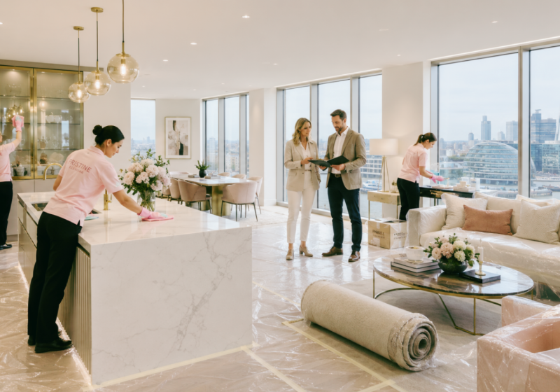 A cleaning team detailing a luxury new-build London apartment while a property developer and stylist discuss the finishing work. Protective polythene covers the floors, with wrapped furniture and a rolled rug awaiting installation.