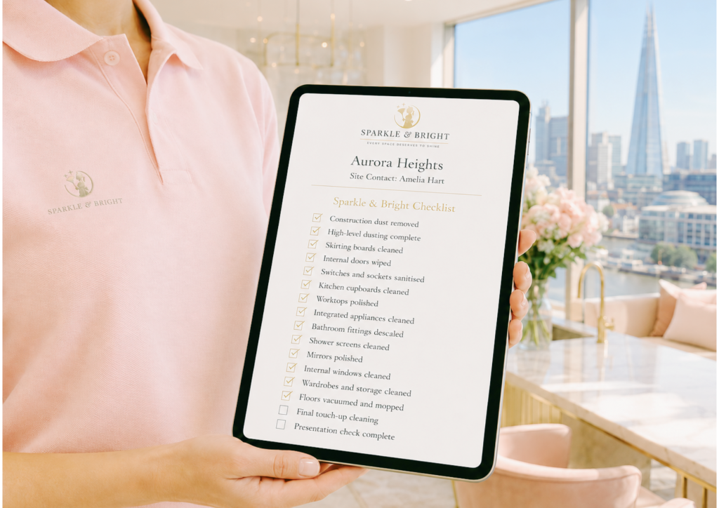Sparkle & Bright cleaner holding a new-build cleaning checklist on an iPad in a luxury London apartment.